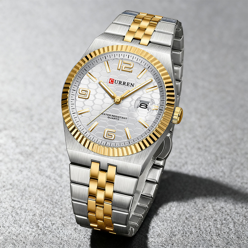 Luxury Watch Apple - CURREN นาฬิกาควอทซ์สำหรับผู้ชายทันสมัยสายสแตนเลสสองสีหน้าปัดกลมคลาสสิกพร้อมเข็มนาฬิกาเรืองแสงดีไซน์เรียบง่าย 8498