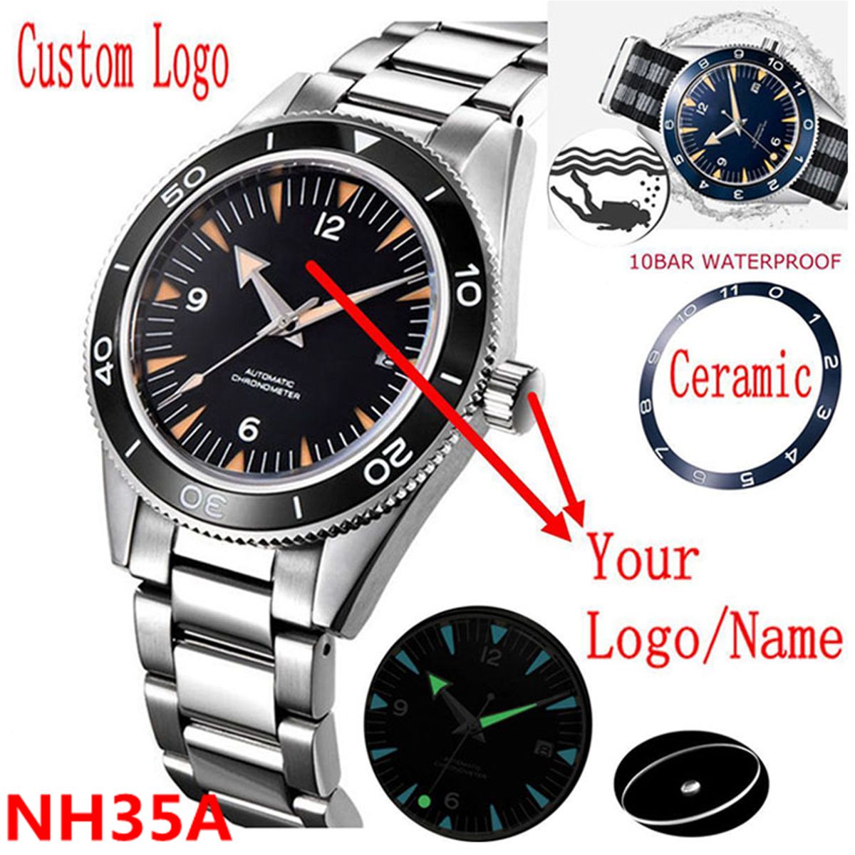 Luxury Watch Life - โลโก้ที่กําหนดเอง NH35 นาฬิกา 10 บาร์ Mens