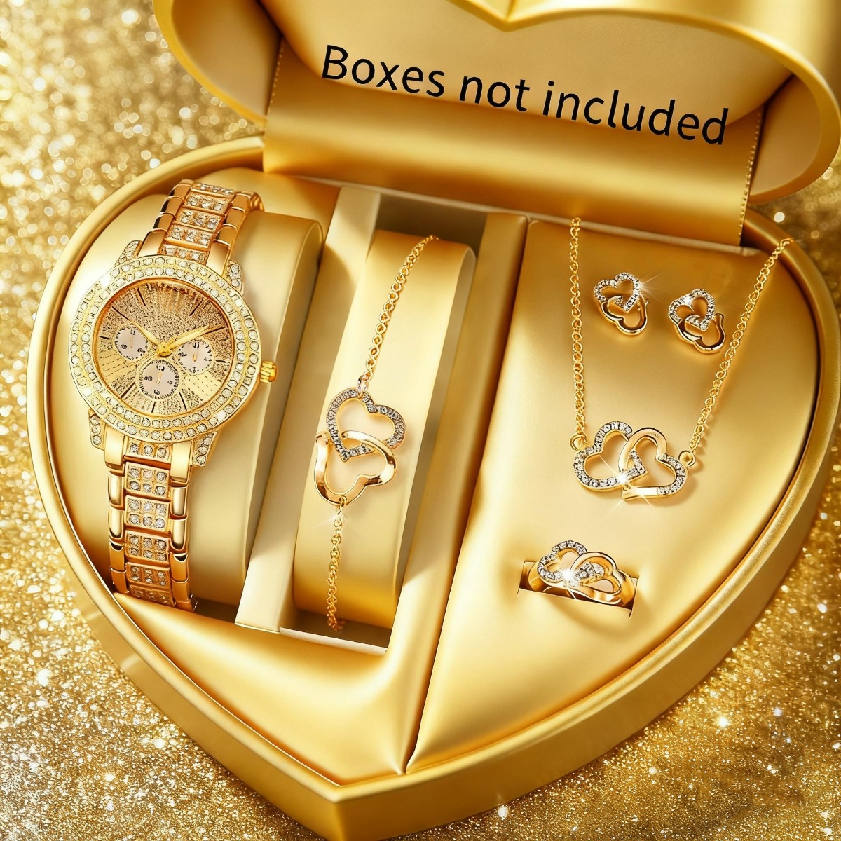 Luxury Watch Packaging Box - ชุดนาฬิกาข้อมือผู้หญิงหรูหราประดับเพชรเทียม 6 ชิ้น พร้อมสายโลหะผสม แฟชั่น ควอตซ์