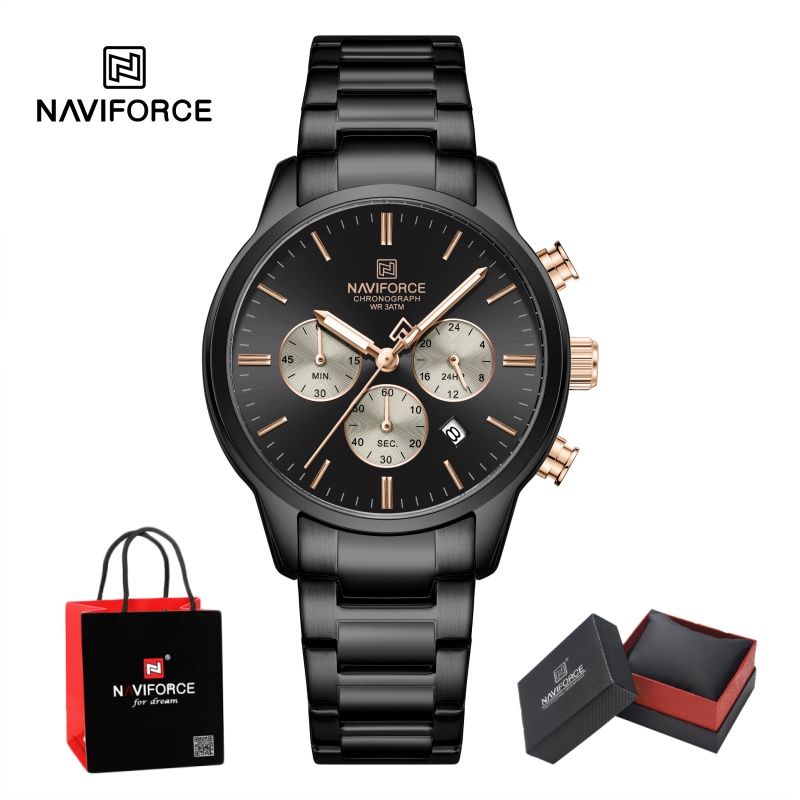Luxury Watch With Bracelet - นาฬิกาข้อมือผู้ชาย NAVIFORCE ระบบควอตซ์โครโนกราฟ กันน้ำ แสดงวันที่ สายเหล็ก