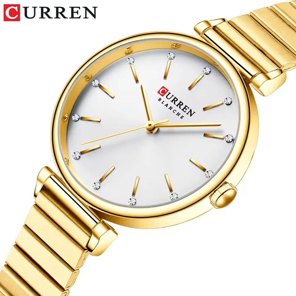 Luxury Watch Apple - นาฬิกาควอตซ์ผู้หญิง CURREN 9081 ดีไซน์หรูหรา หน้าปัดทรงกลม สีเงิน-ทอง