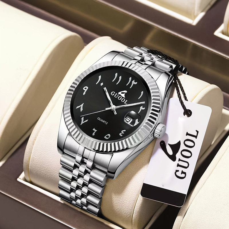 Luxury Watch With Arabic Numerals - ใหม่ขายดี นาฬิกาข้อมือผู้ชายสายสแตนเลสห้าข้อต่อ ตัวเลขแบบอารบิก สไตล์ธุรกิจ ตัวเรือนทรงกลม ฟังก์ชั่นแสดงปฏิทิน