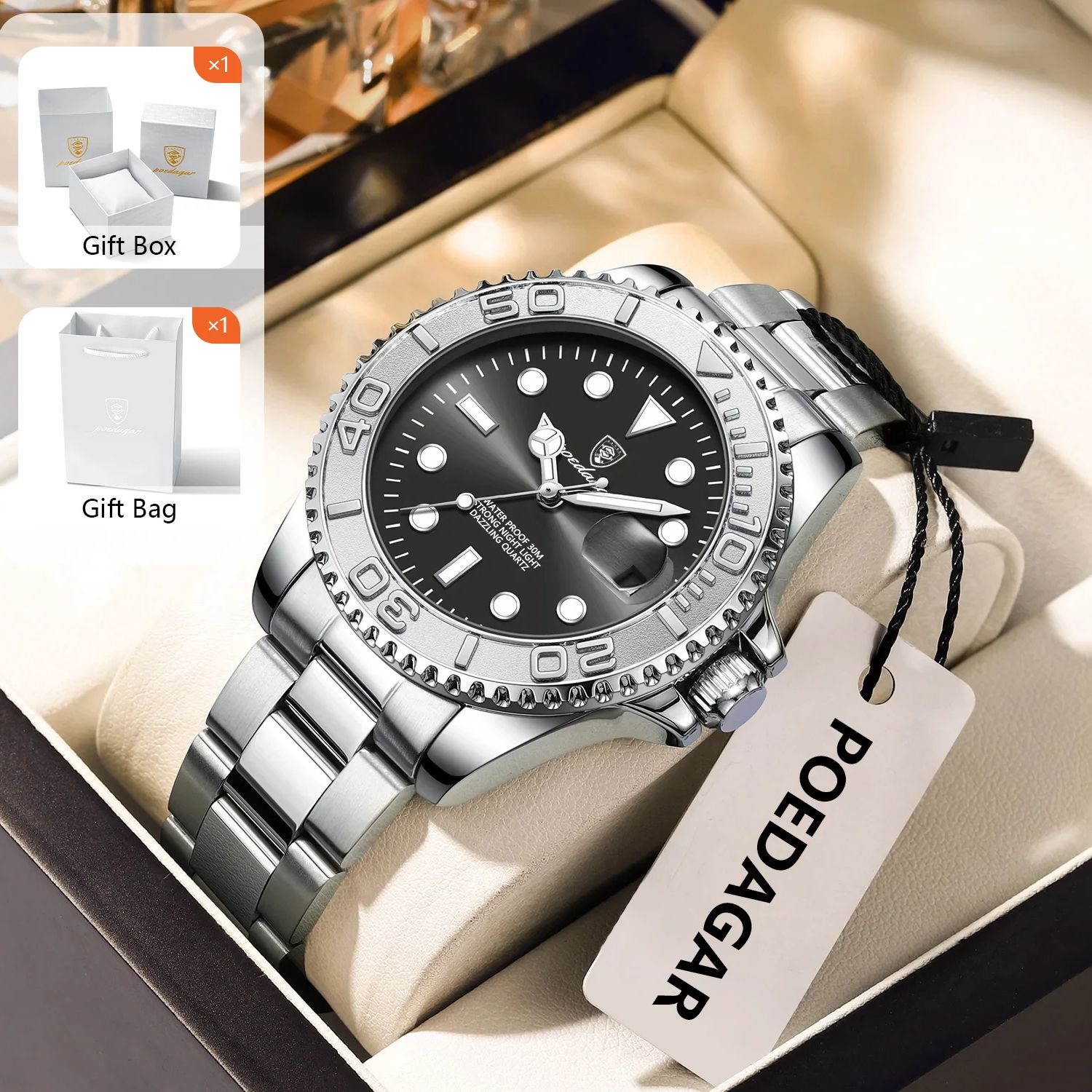 Luxury Watch With Bracelet - POEDAGAR อินเทรนด์กีฬาผู้ชายนาฬิกาส่องสว่างกันน้ําสแตนเลสวันที่ผู้ชายนาฬิกาข้อมือหรูหราธุรกิจผู้ชายควอตซ์นาฬิกา + กล่อง