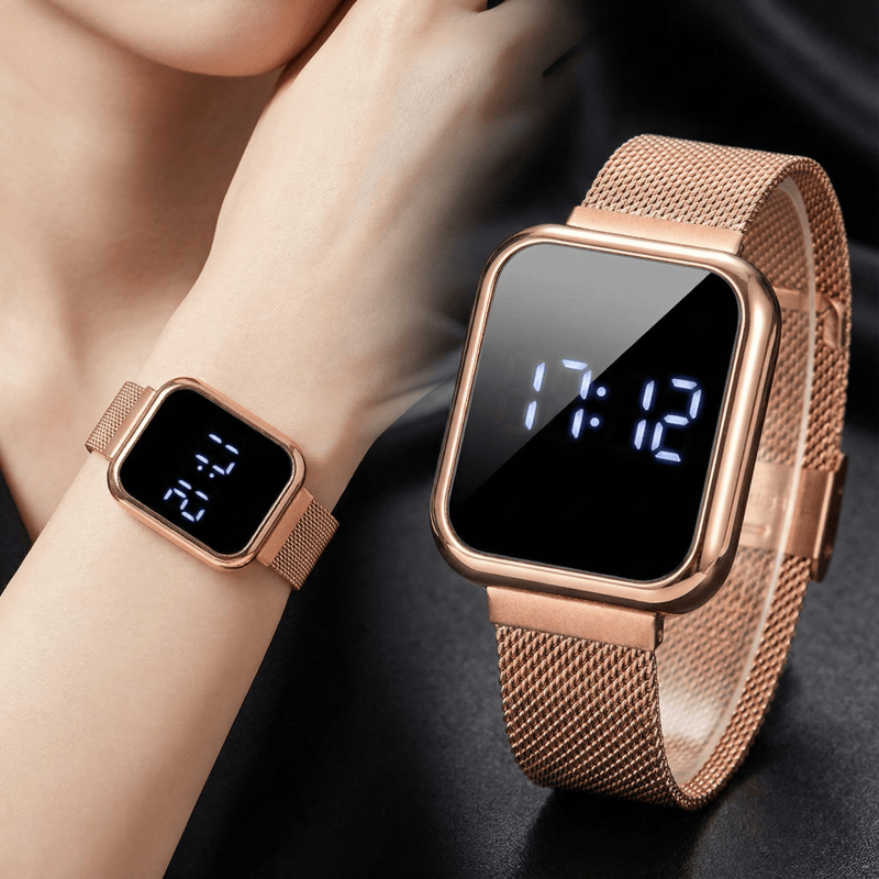 Luxury Watch Life - นาฬิกาข้อมือดิจิตอลทรงสี่เหลี่ยมผืนผ้าแฟชั่นสำหรับผู้หญิงผู้ชาย นาฬิกา LED เรียบง่าย สายโลหะหรูหราแบบแม่เหล็ก นาฬิกาอิเล็กทรอนิกส์