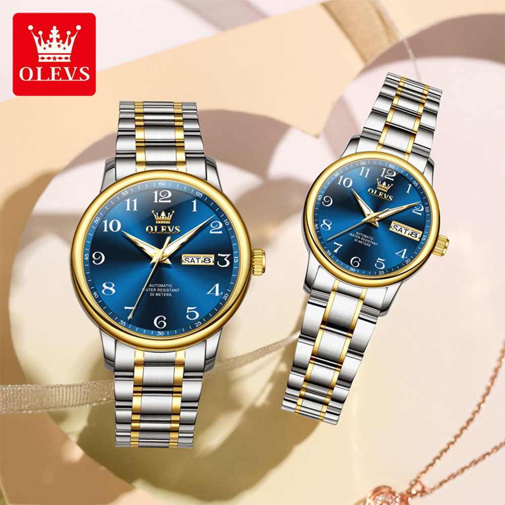 Luxury Watch With Arabic Numerals - นาฬิกาคู่ OLEVS รุ่นดั้งเดิม 2 เรือน นาฬิกาอัตโนมัติแบบกลไกสำหรับเขาและเธอ