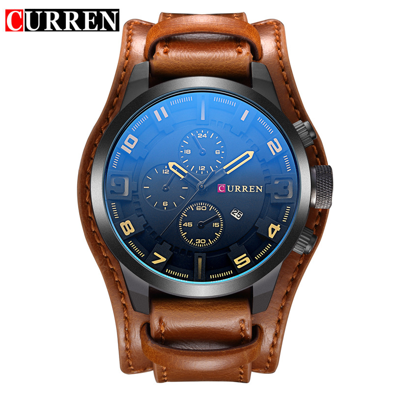 Luxury Watch Apple - CURREN 8225 นาฬิกาปฏิทินหน้าปัดขนาดใหญ่สุดหรู นาฬิกาหน้าปัดควอตซ์หนังกันน้ำสีน้ำเงิน