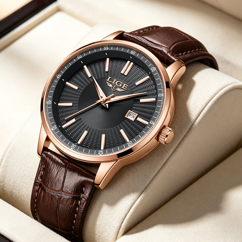 Luxury Watch Holder For Men - นาฬิกาข้อมือผู้ชายแบรนด์หรู LIGE รุ่นยอดนิยม สายหนัง ระบบควอตซ์ กันน้ำ
